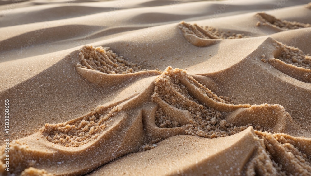 Poster sand texture patterns with ripples and grains in natural beach setting during daytime under soft sun