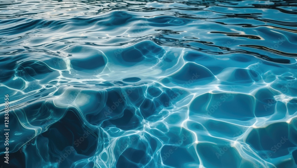 Poster clear blue water surface with light reflections and ripples creating an abstract aquatic pattern.
