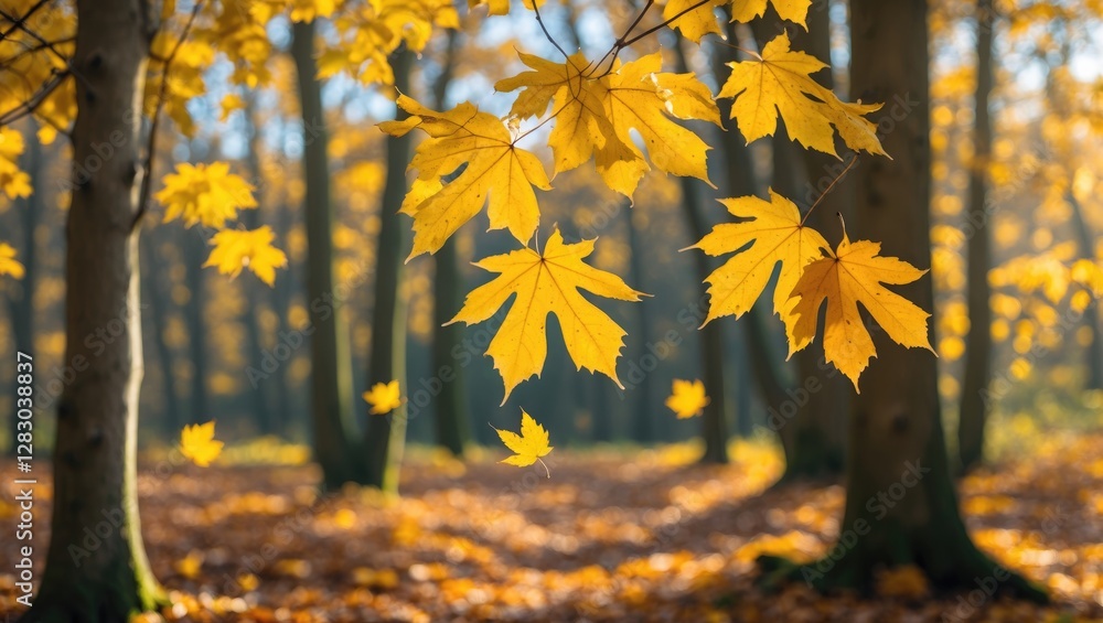 Aufkleber autumn foliage with vibrant yellow maple leaves in a serene forest setting with soft sunlight filter