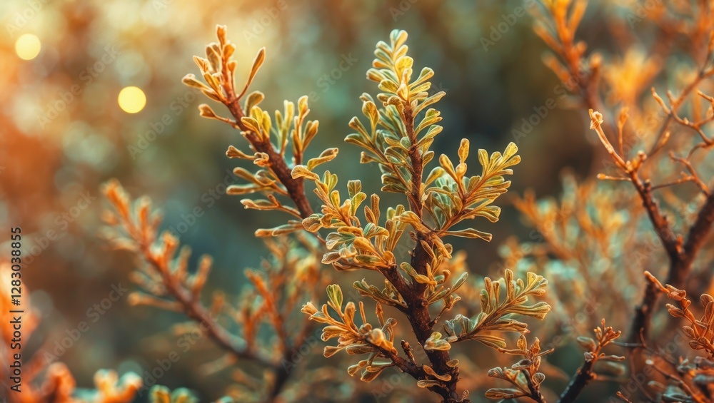 Aufkleber close-up view of green foliage with blurred background and soft golden sunlight creating a warm atmo