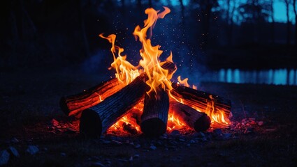 Vibrant bonfire illuminating the night with sparks flying amid a serene lakeside setting and darkening forest backdrop