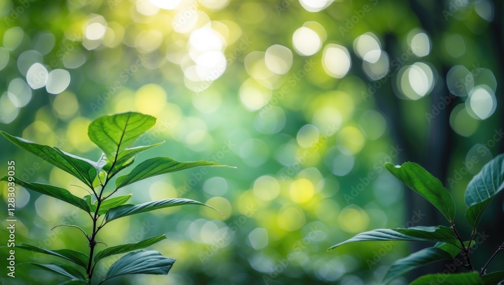 Canvas Prints close-up of green leaves with a blurred background of natural bokeh light in a forest during daytime