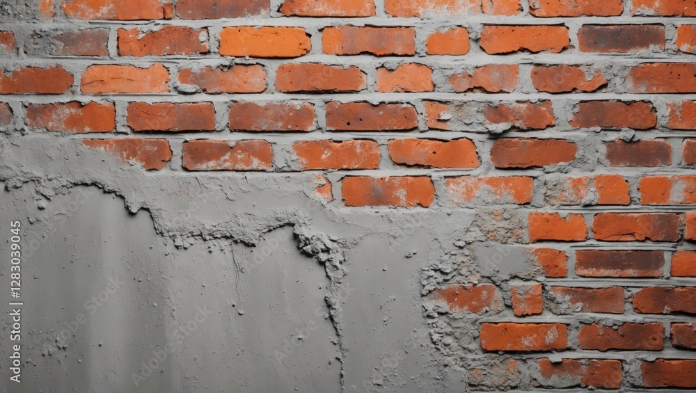 Poster brick wall with partially applied cement creating a textured background suitable for construction or