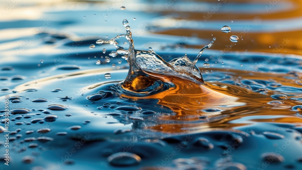 Poster water splash creating droplets in reflective surface with ripples and colorful light reflections