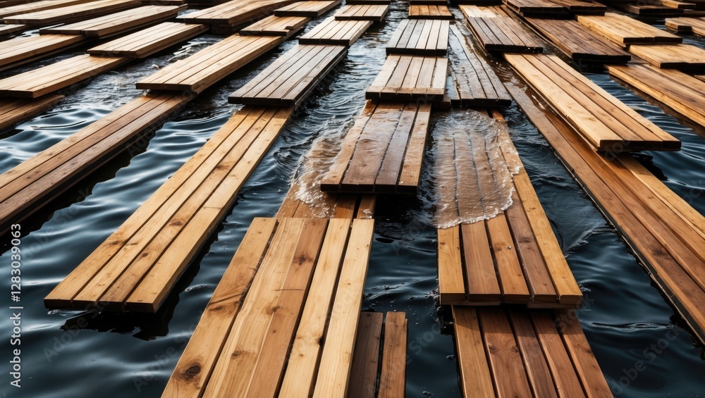 Poster wooden planks arranged on water surface creating a pattern with reflections and gentle ripples, capt