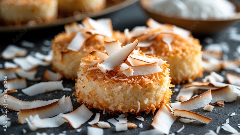 Poster coconut cake bites adorned with toasted shavings on a dark surface creating a delectable dessert arr
