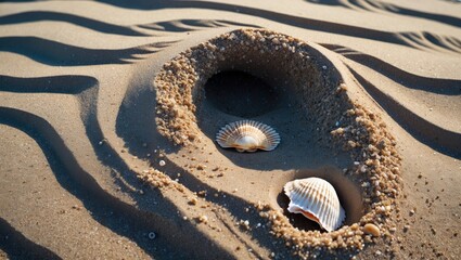 Obraz premium Sand dune with textured patterns, two scallop shells, and a small hole surrounded by fine grains of sand in a coastal environment.