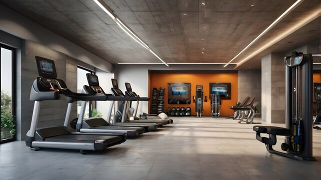 Interior of modern light gym is well-equipped with modern machines and fitness gear, offering a functional and comfortable space for workouts- 3D rendering.