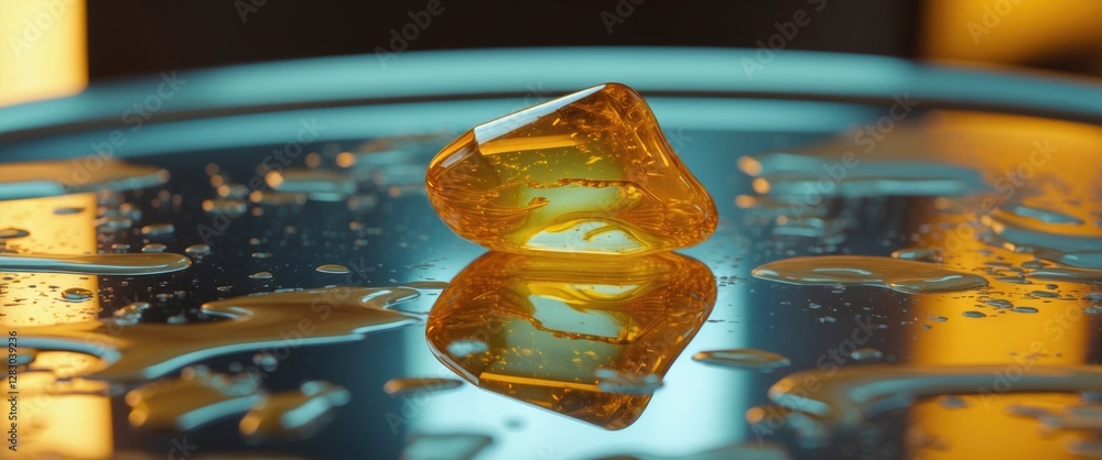 Poster amber gemstone reflecting on a wet surface with droplets and soft lighting in the background.