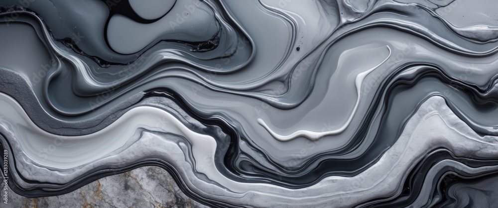 Poster abstract black and white fluid art texture with smooth waves and swirling patterns in gray and silve