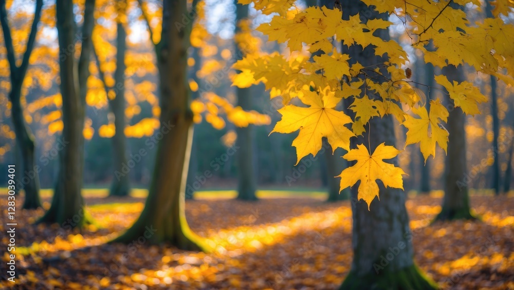 Poster autumn forest scene with vibrant yellow maple leaves on trees and soft sunlight filtering through th