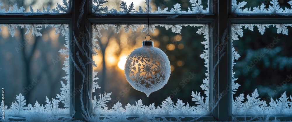 Poster frosty window with intricate snowflake patterns and a decorative christmas ornament against a blurre