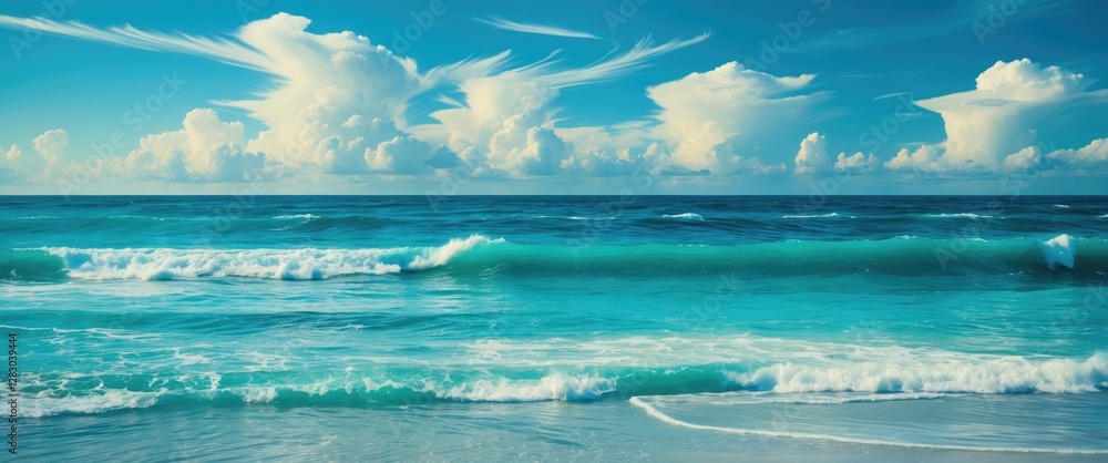 Poster tranquil ocean waves under a clear blue sky with dramatic cloud patterns in high resolution image