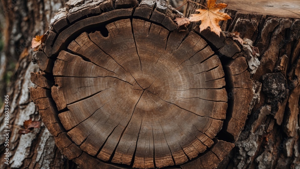 Poster close-up view of a tree stump with tree rings and a fallen orange leaf on the surface in a natural o
