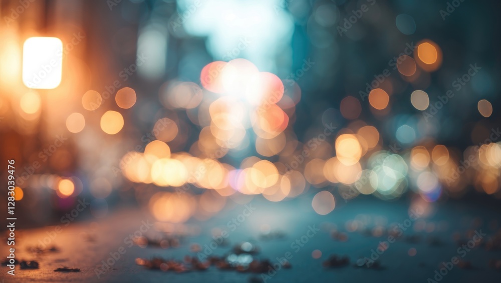 Poster soft bokeh background with vibrant light leaks creating an atmospheric and dreamy urban scene suitab