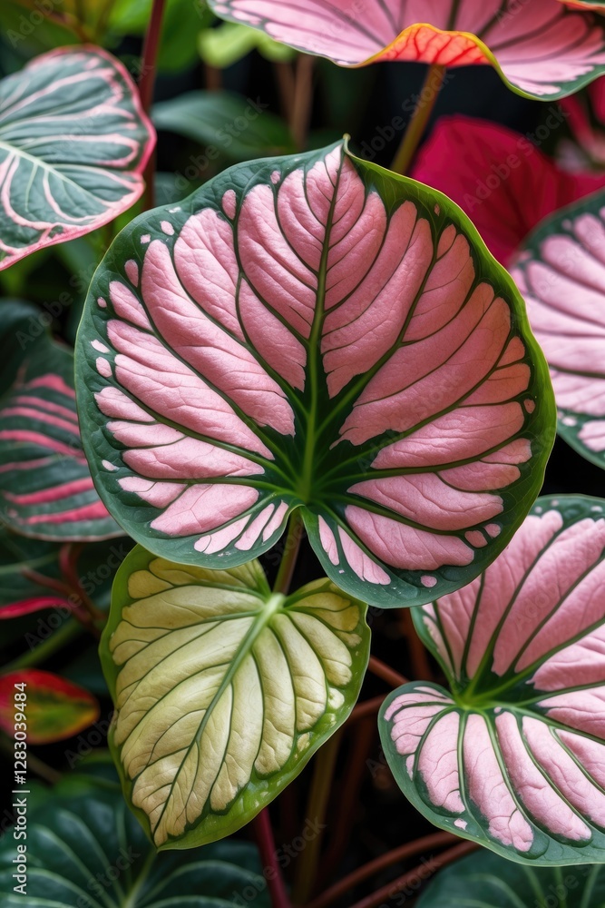 Poster vibrant close-up of caladium bicolor leaves showcasing intricate patterns and colors highlighting it