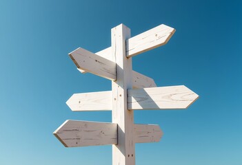 Signpost to Adventure: A white wooden signpost with arrows pointing in multiple directions set against a bright blue sky, symbolizing exploration, decisions, and new journeys.

