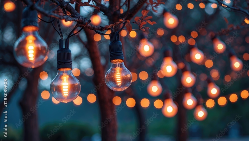 Aufkleber elegant bokeh of glowing light bulbs hanging from trees at night creating a warm and inviting atmosp