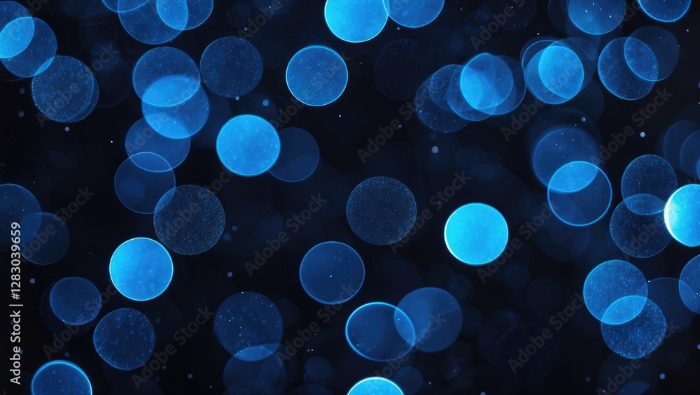 Poster blue bokeh light background with circular shapes and varying opacity on a dark backdrop for abstract