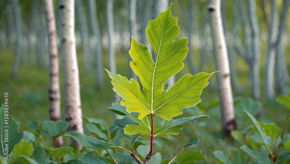 Poster large green leaf in focus with soft-focus background of birch trees and foliage in a natural setting