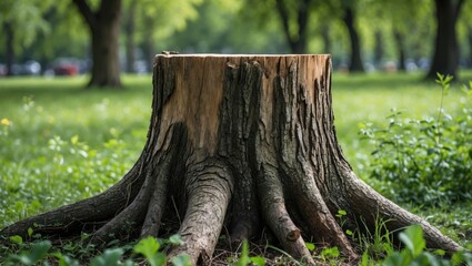 Fototapeta premium Tree stump with exposed roots in a grassy park setting under natural light