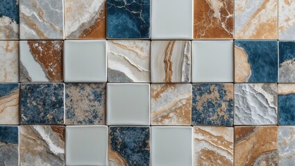 Elegant ceramic tile collage featuring intricate marble textures in blue, gold, and beige hues perfect for interior design inspiration.