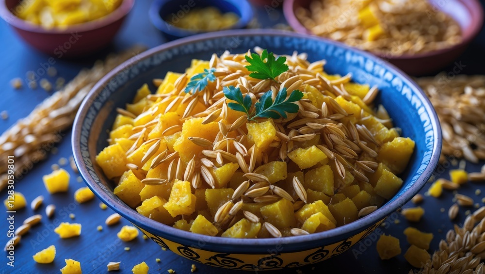 Aufkleber bowl of daliya upma topped with nuts and herbs on a rustic table with wheat grains in the background