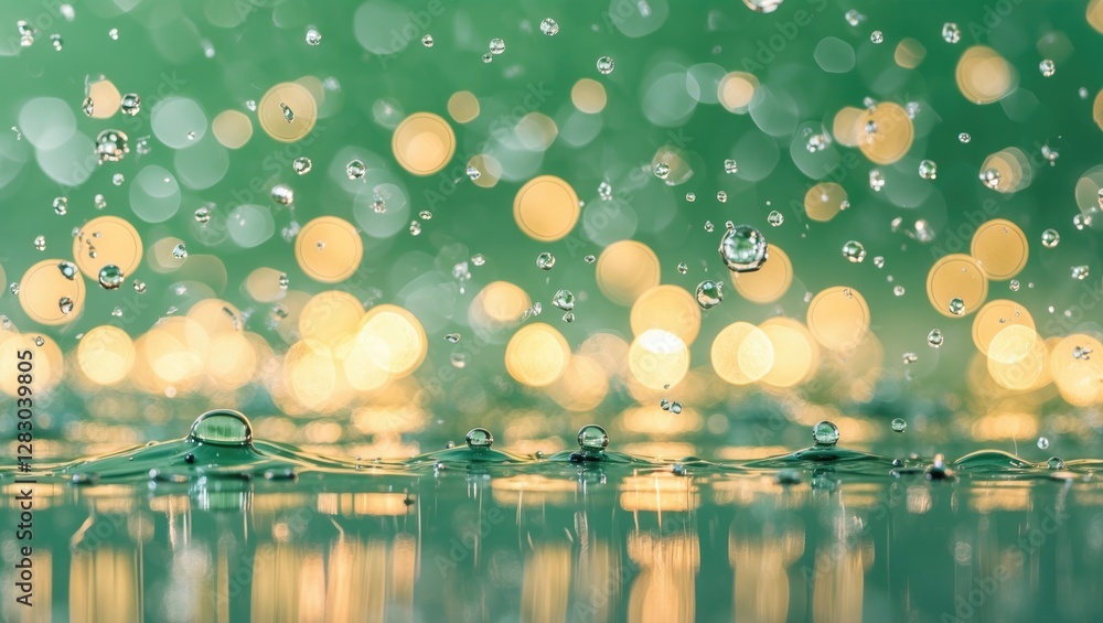 Poster texture of water droplets on surface with green background and bokeh lights in out of focus effect i