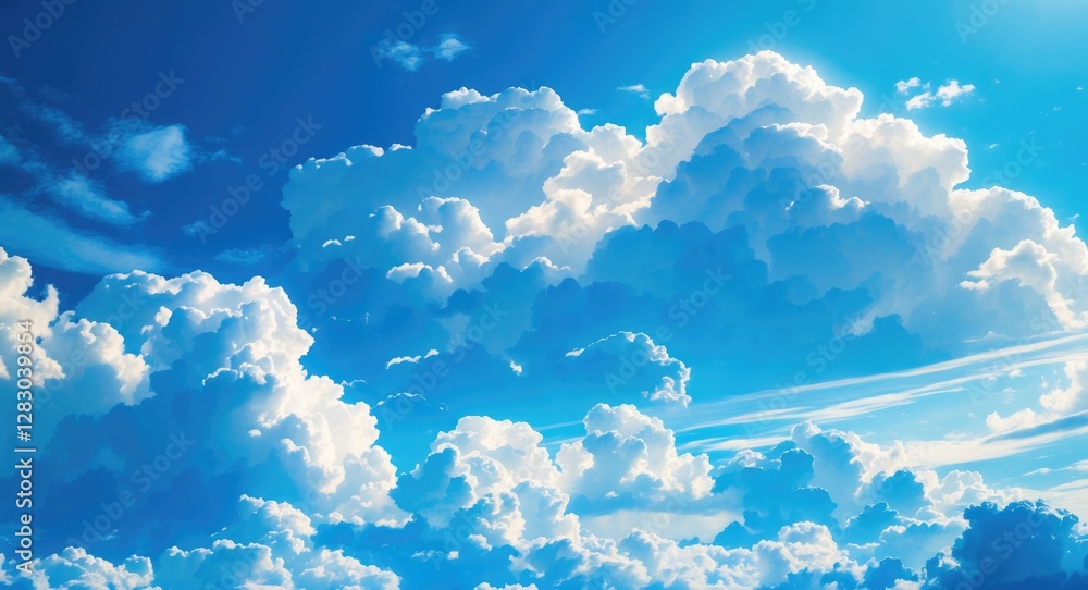 Poster expansive bright blue sky adorned with fluffy white clouds creating a serene and tranquil atmosphere