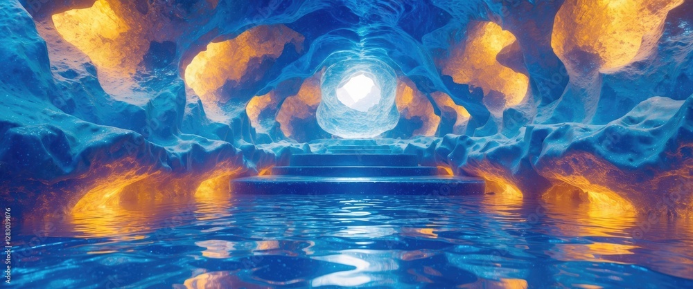 Poster vibrant blue and orange abstract cave with illuminated reflections in water creating a mesmerizing s