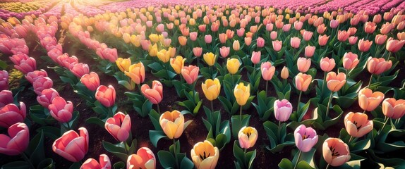 Obraz premium Colorful tulip field in full bloom during sunset with pink, yellow, and orange flowers against a vibrant sky and lush green leaves.