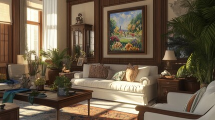 Stylish living room with white sofa, wooden items, paintings, decorations, and personal accessories. The room is cozy and well-designed.