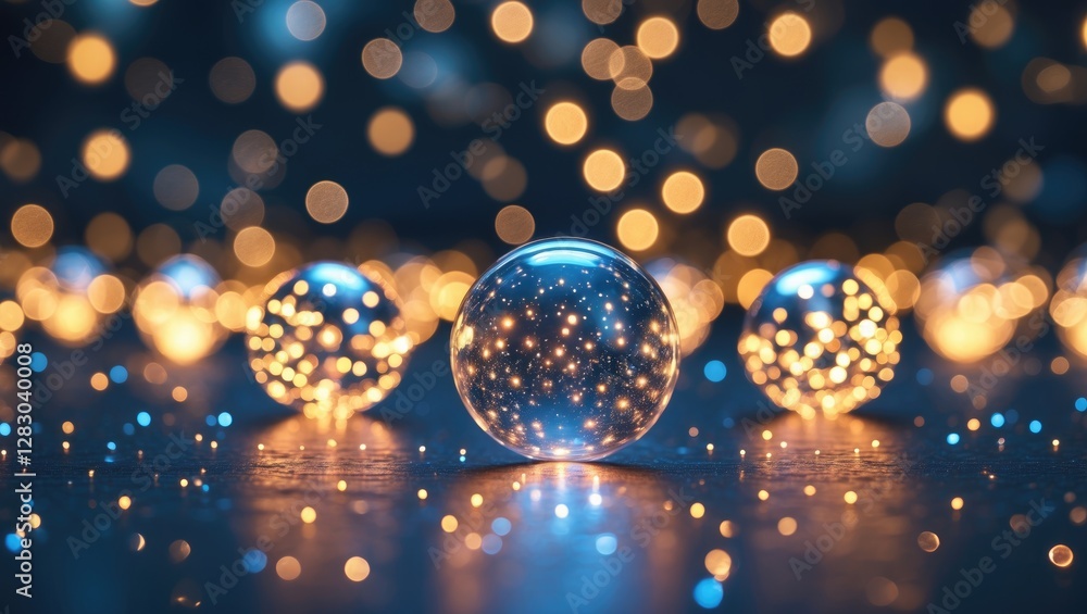 Poster glass spheres with glowing lights in soft focus creating a bokeh effect on a wooden surface at night
