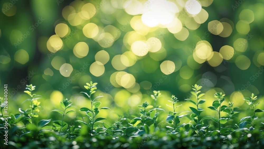Poster lush green foliage with soft bokeh lights creating a serene and tranquil nature background for relax