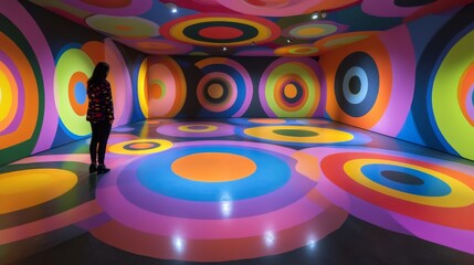 Vibrant circles dance in a virtual space, creating a mesmerizing 3D illusion.