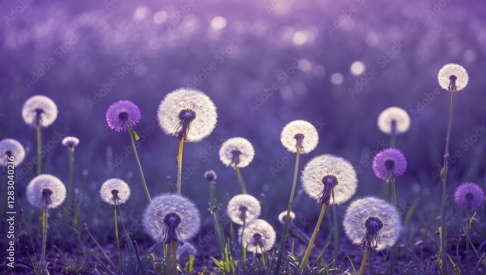 Poster dandelion flowers in a field with purple background displaying different growth stages and textures 