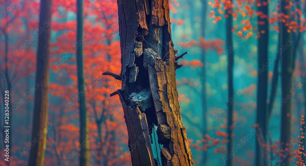 Poster autumn forest with vibrant red leaves and a close-up of a textured tree trunk in blurred background