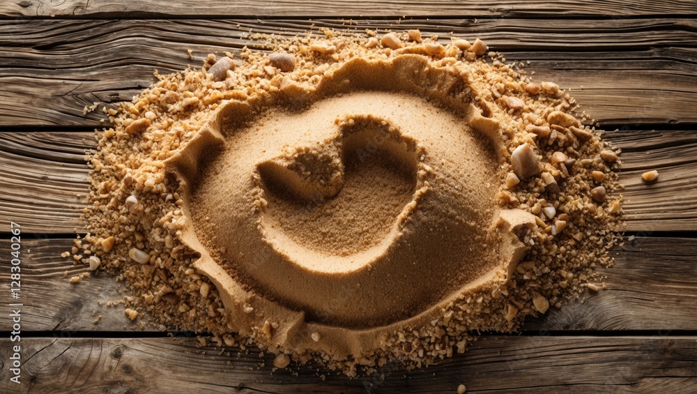 Poster sand mound with a circular pattern on a weathered wooden surface, showing texture and depth, with sm