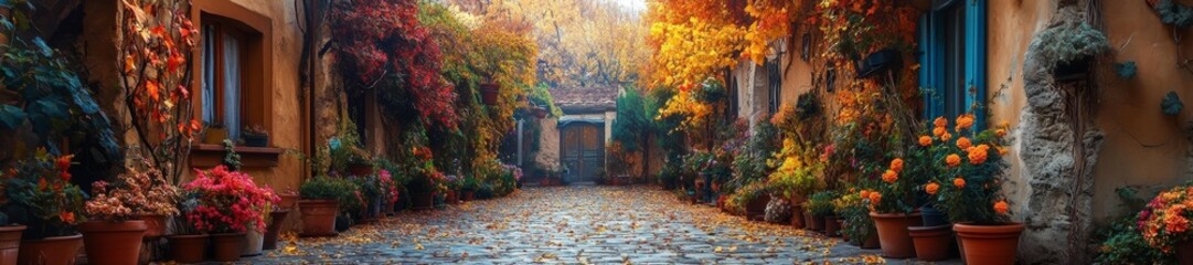 Charming Cobblestone Alley with Vibrant Flowers and Autumn Leaves. Generative AI