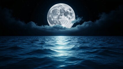 Serene Night at the Ocean &ndash; The Majestic Full Moon and Its Tranquil Reflection on the Water