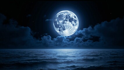 Mystical Moonlit Ocean &ndash; Bright Full Moon Illuminating the Dark Waves of the Sea