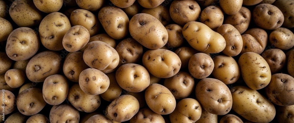 Poster close-up view of a large pile of raw brown potatoes with varied shapes and sizes arranged haphazardl