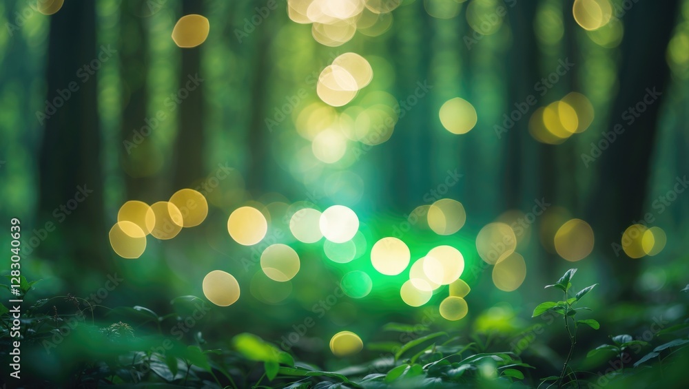 Poster mysterious green bokeh lights in a serene forest creating a dreamy atmosphere with soft focus and na