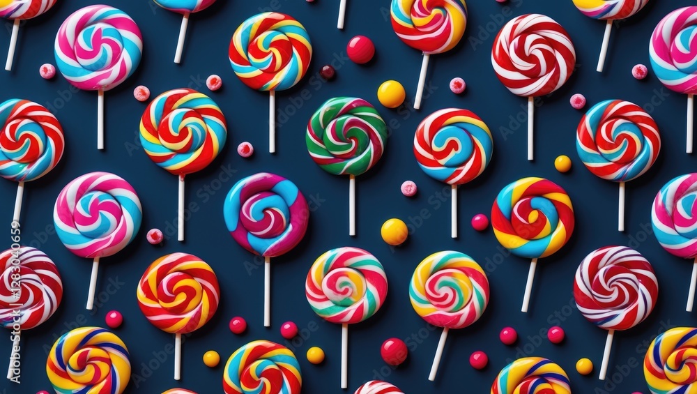 Poster colorful lollipop pattern on dark background showcasing vibrant candy design in a seamless and playf