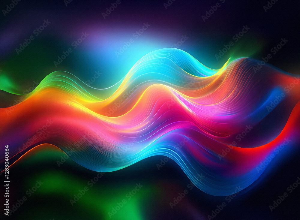 Poster colorful waves create a vibrant background, with smooth, flowing lines of rainbow hues. luminous and
