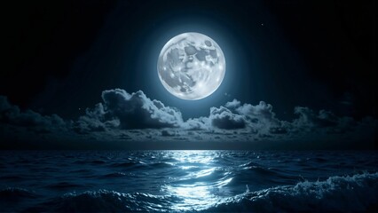 Fototapeta premium Mystical Moonlit Ocean – Bright Full Moon Illuminating the Dark Waves of the Sea