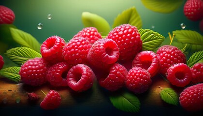 Fresh raspberries resting on a wooden surface surrounded by vibrant green leaves