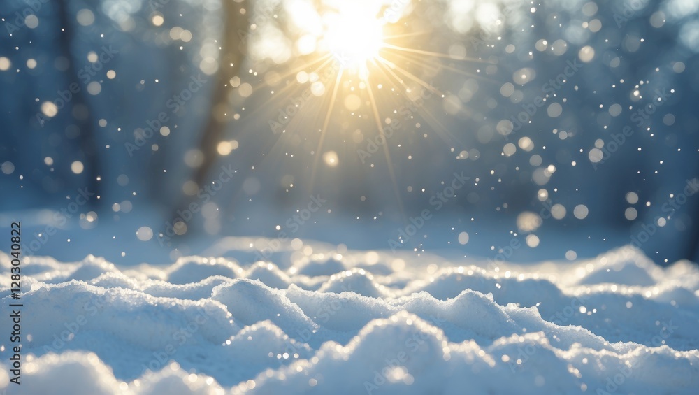 Aufkleber snowy landscape with sun shining through trees creating bokeh effect on falling snowflakes in winter