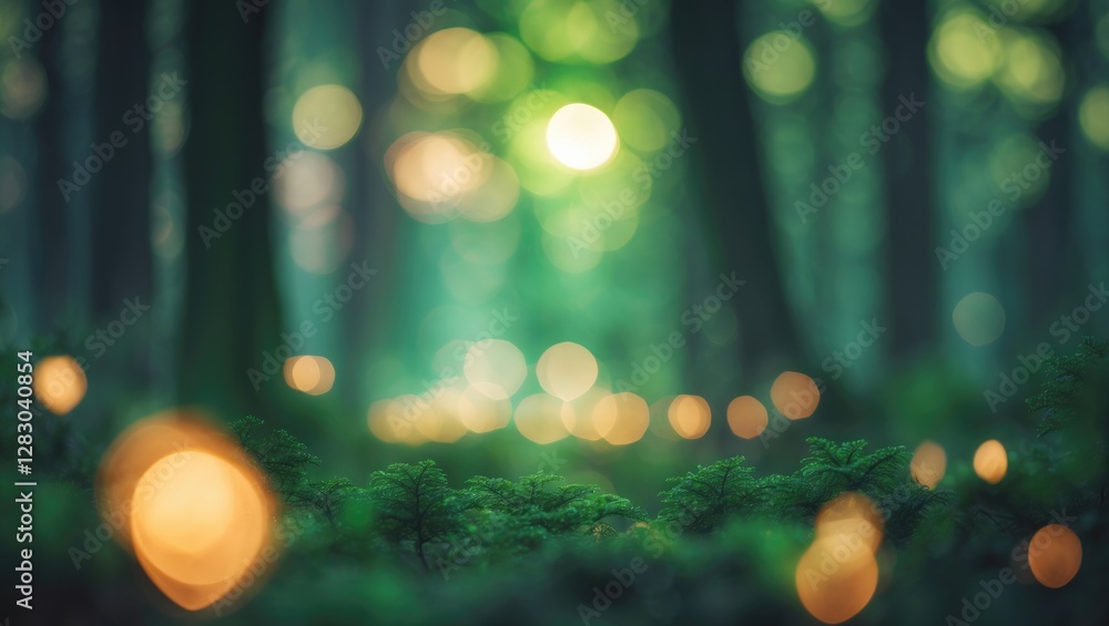 Aufkleber enchanting forest bokeh with soft green and amber lights creating a magical atmosphere in nature