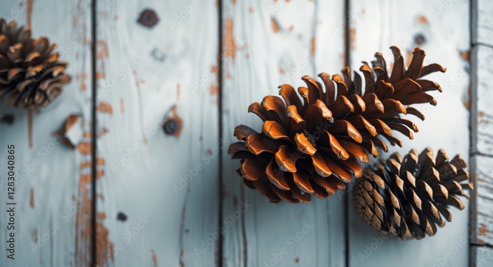 Poster brown pine cones arranged artistically on a weathered white wooden background with ample copy space 